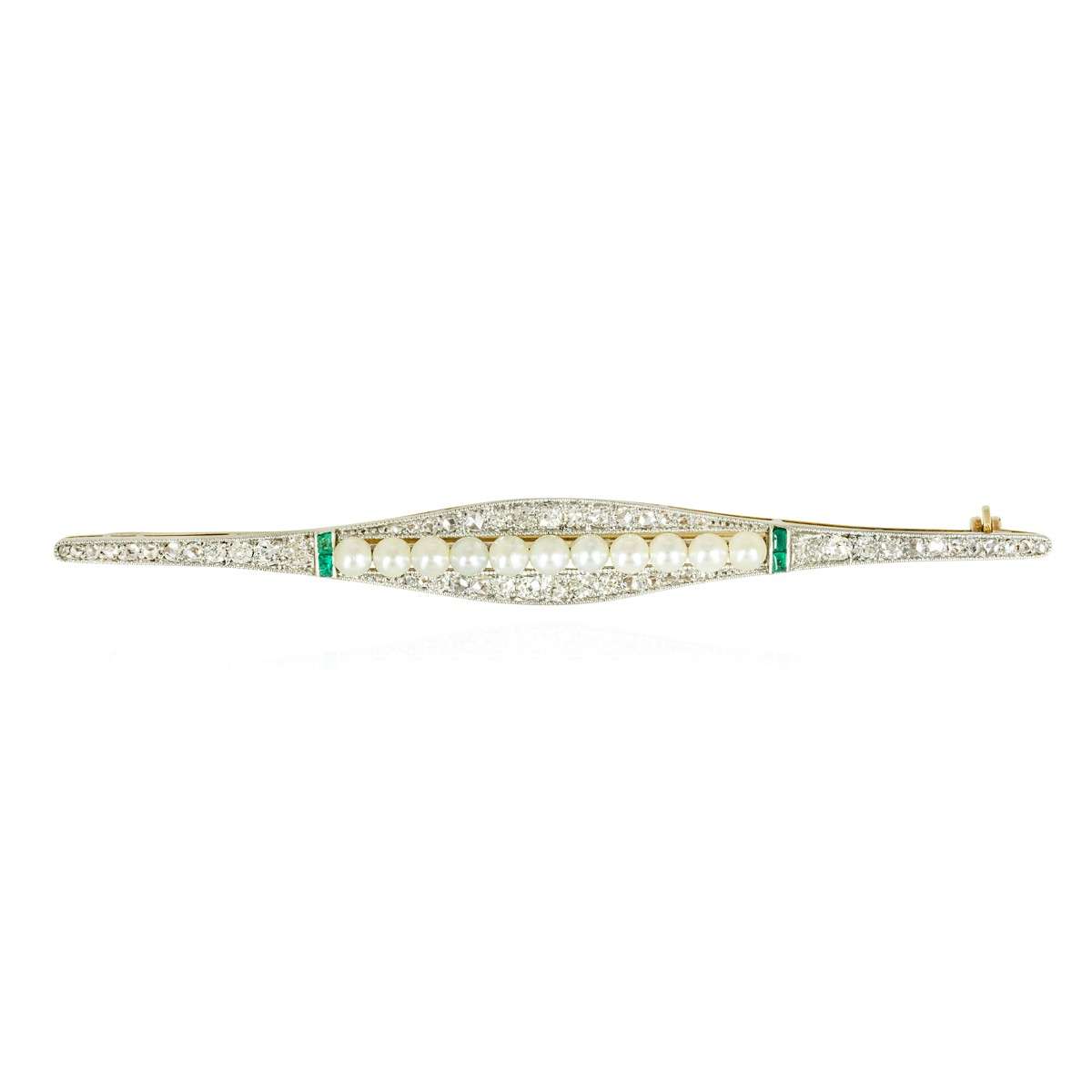 White and Gold Vintage Diamond Pearl and Emerald Brooch